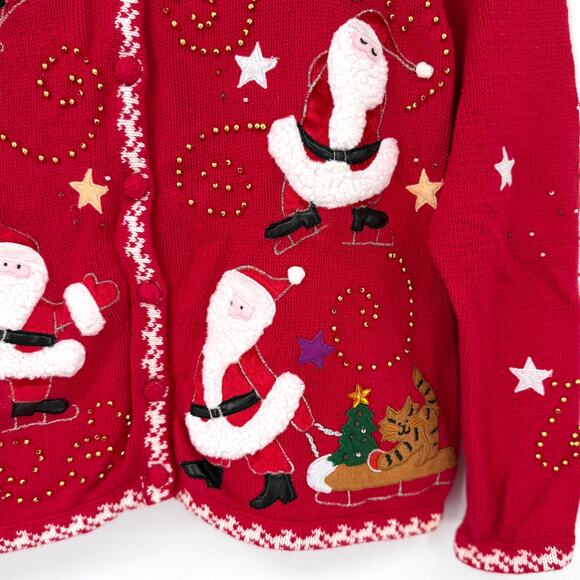 Reference Point Vintage Christmas Santa Cat Cardigan Sweater Size medium - Picture 3 of 8